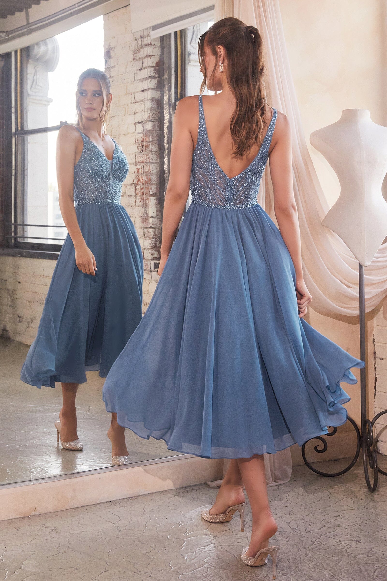 Beaded Chiffon V Neck Tea Length Dress by Ladivine CD0225
