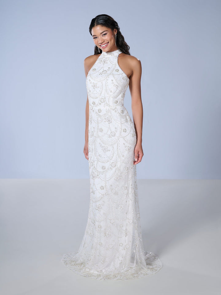 Beaded Fitted Halter Gown by Tiffany Designs 16147