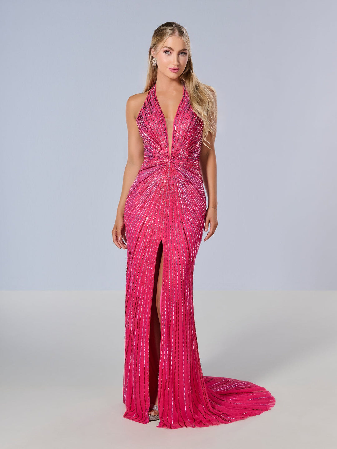 Beaded Fitted Halter Slit Gown by Tiffany Designs 16205
