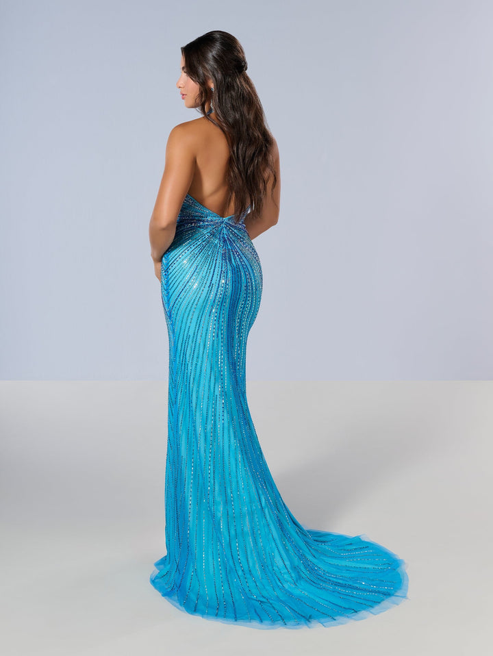 Beaded Fitted Halter Slit Gown by Tiffany Designs 16205