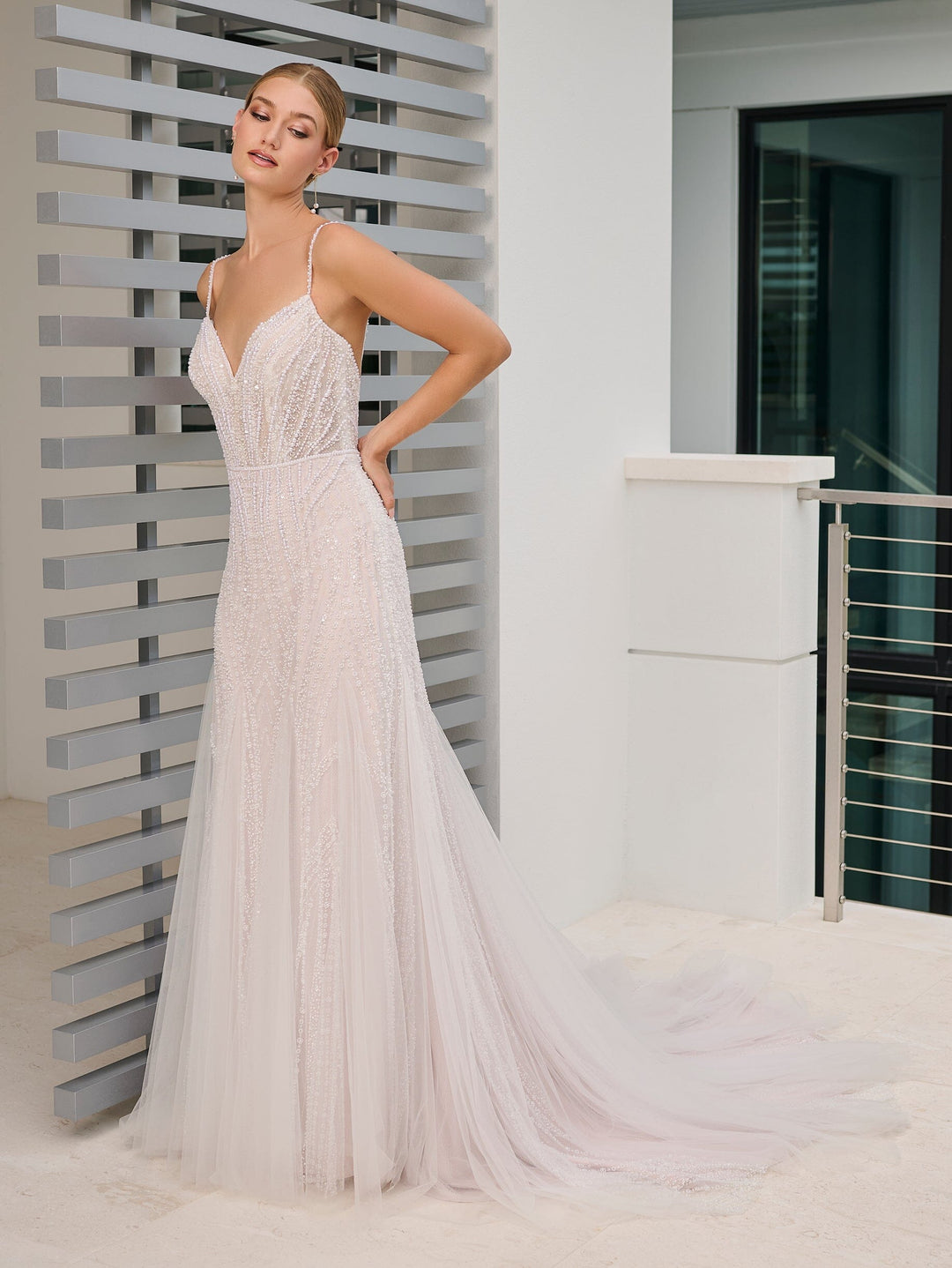 Micro Beaded Lace Slim Gown in Ivory French Lilac