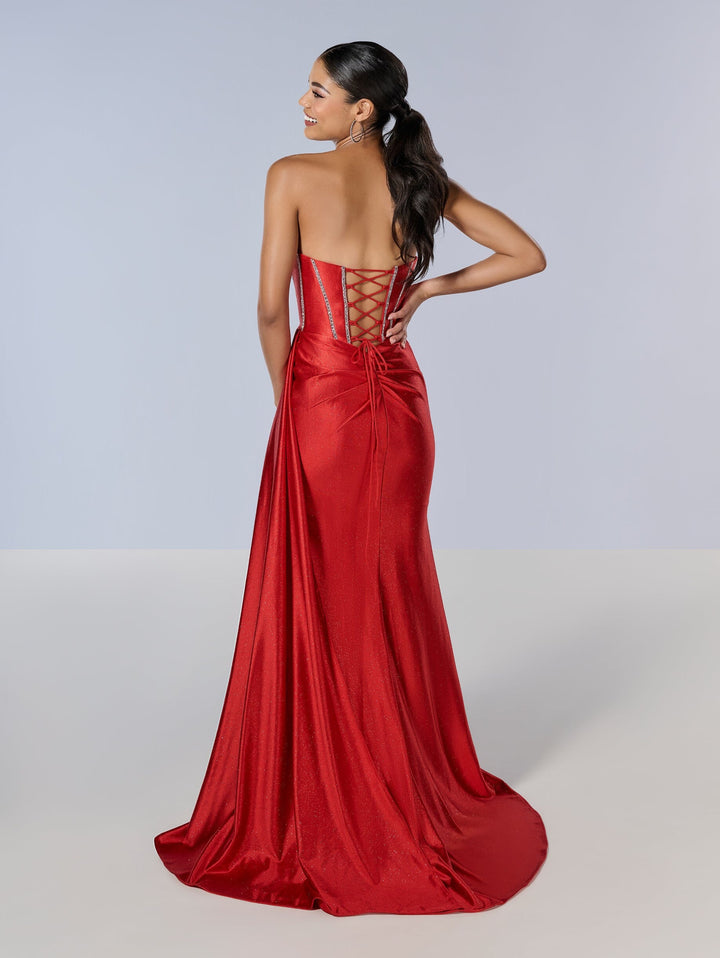 Beaded Fitted Strapless Slit Gown by Tiffany Designs 16197