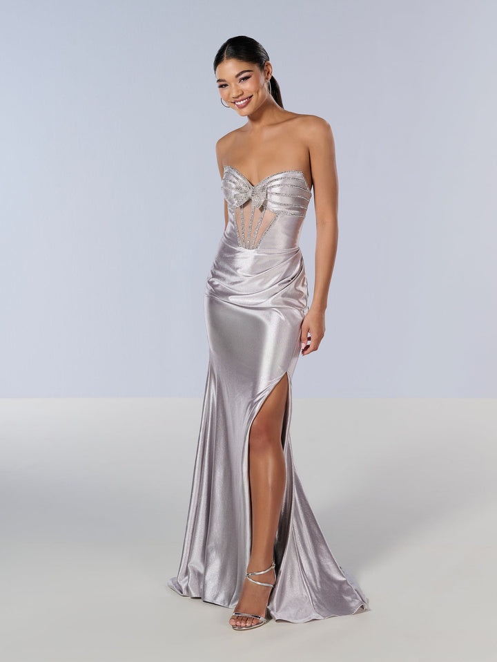 Beaded Fitted Strapless Slit Gown by Tiffany Designs 16199