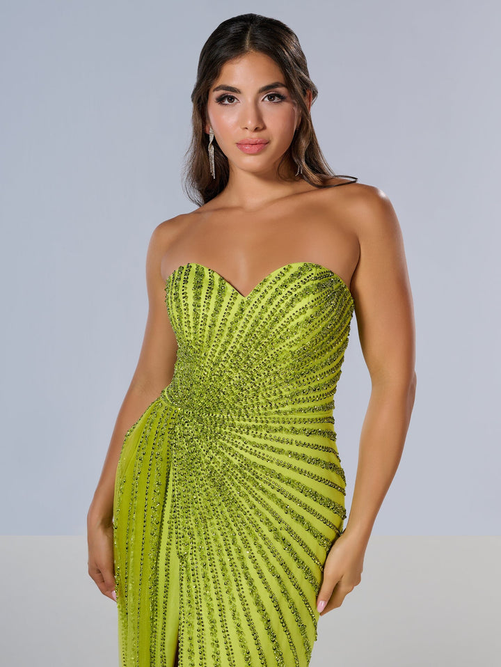 Beaded Fitted Strapless Slit Gown by Tiffany Designs 16214