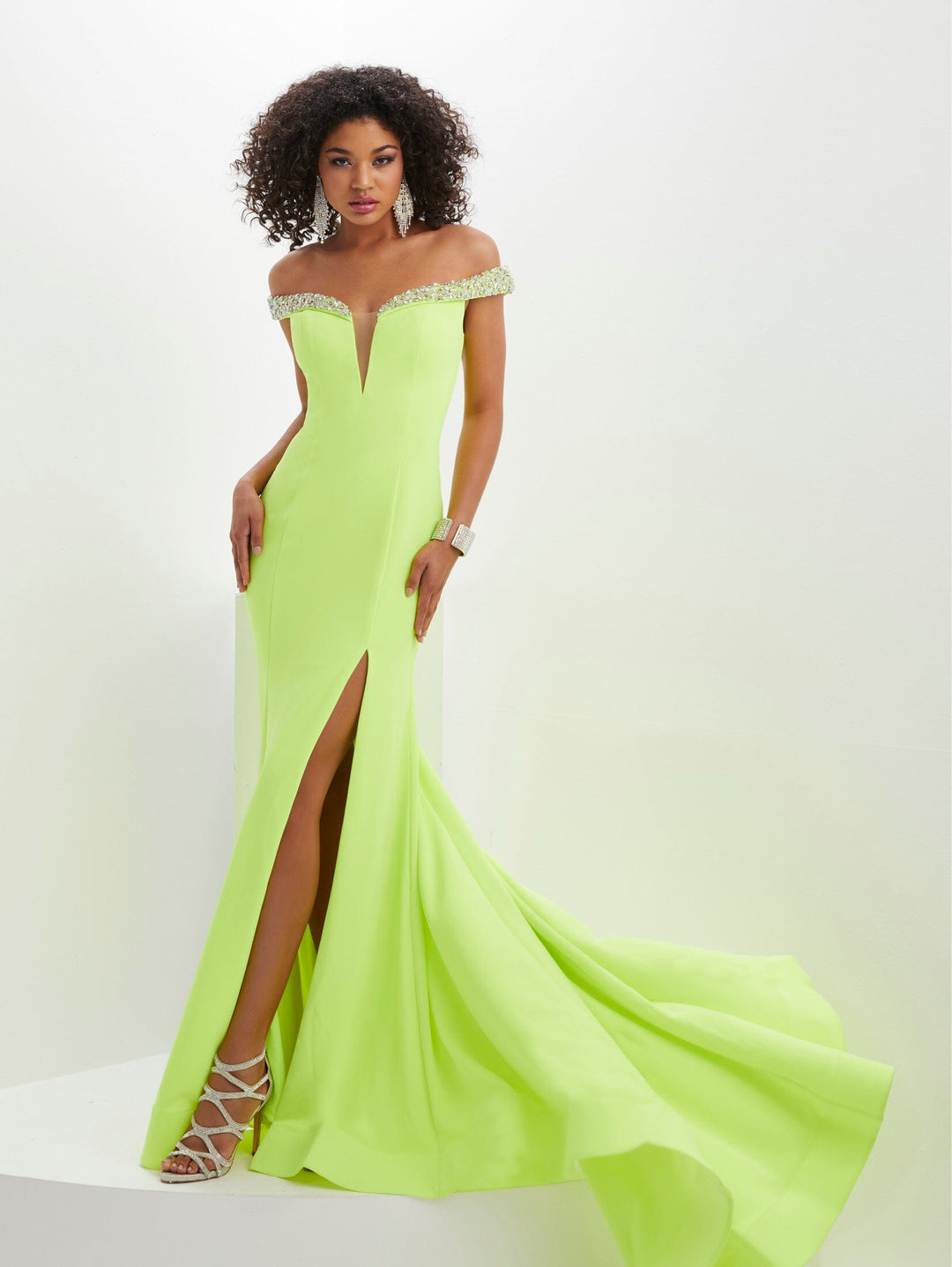 Beaded Jersey Off Shoulder Slit Gown by Panoply 14129