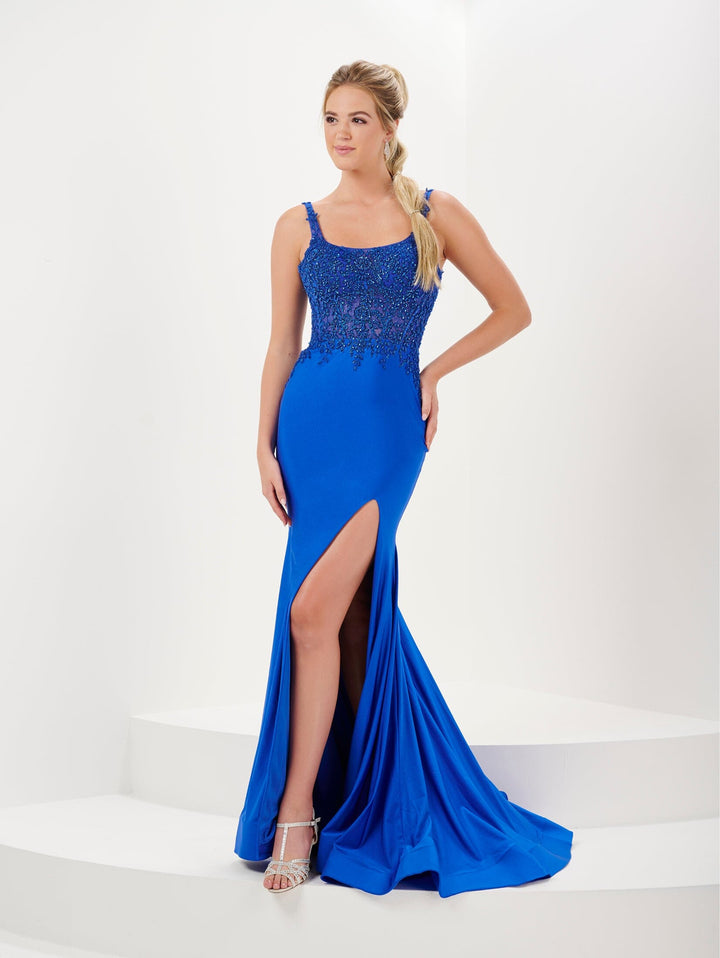 Beaded Jersey Sheer Corset Slit Gown by Tiffany Designs 16058