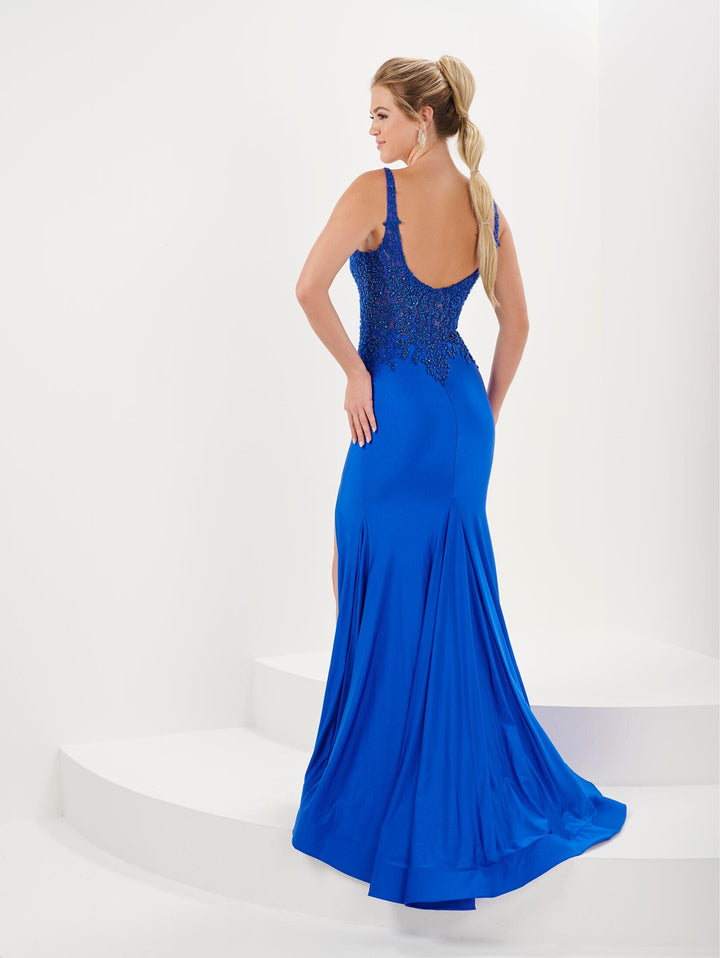 Beaded Jersey Sheer Corset Slit Gown by Tiffany Designs 16058