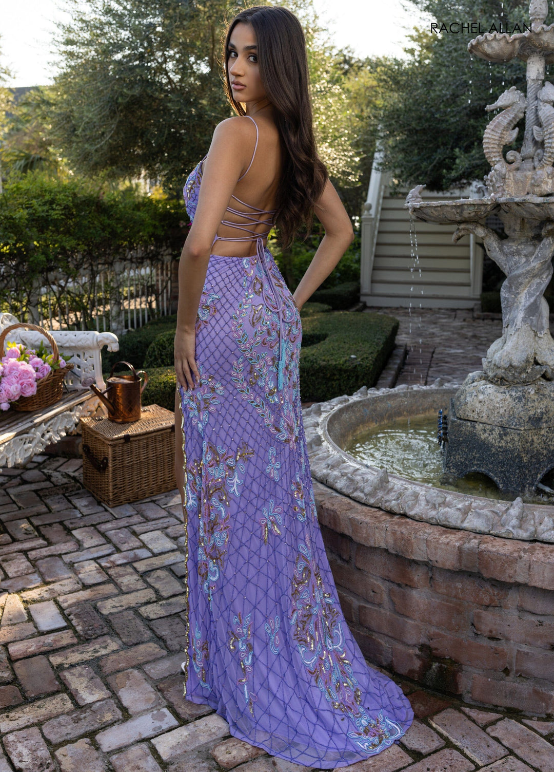 Beaded Lace-Up Back Slit Gown by Rachel Allan 70734