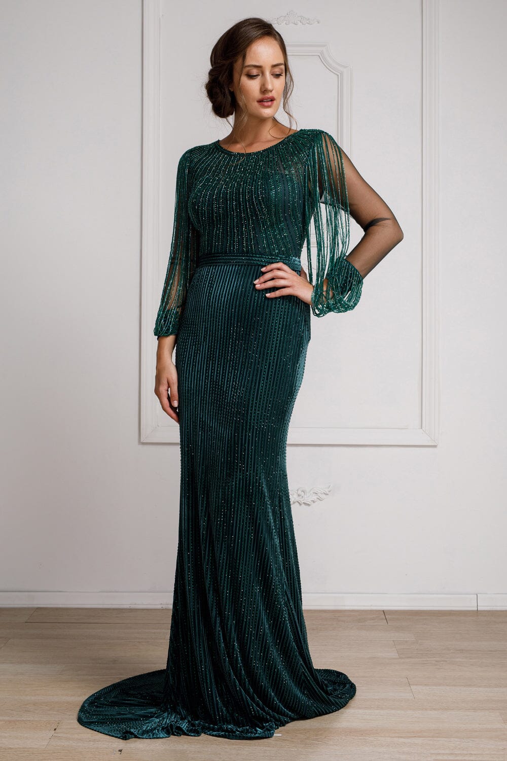 Beaded Long Sleeve Velvet Gown by Amelia Couture 2019