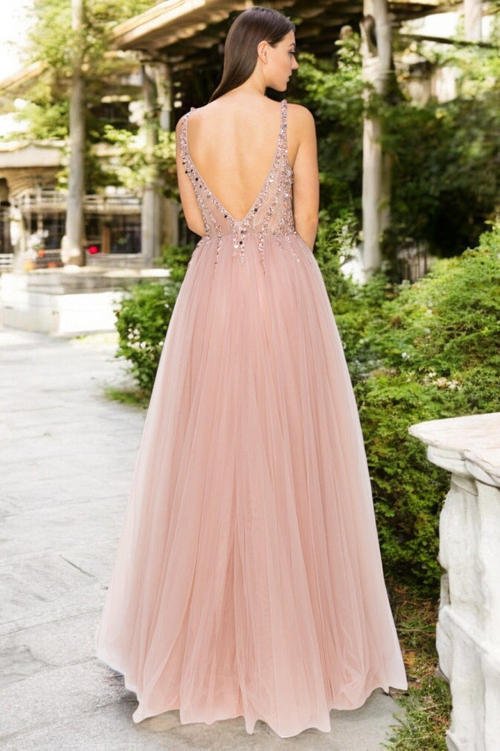 Beaded Long V-Neck Tulle Dress by Cinderella Couture 8034J