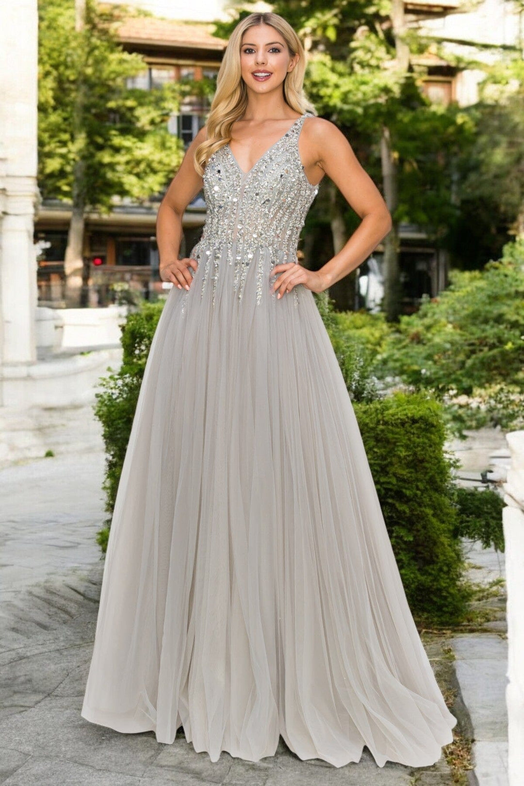 Beaded Long V-Neck Tulle Dress by Cinderella Couture 8034J