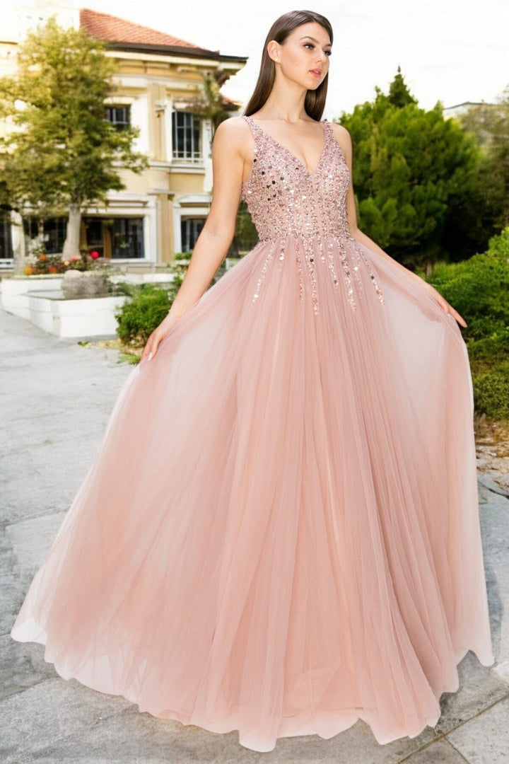 Beaded Long V-Neck Tulle Dress by Cinderella Couture 8034J