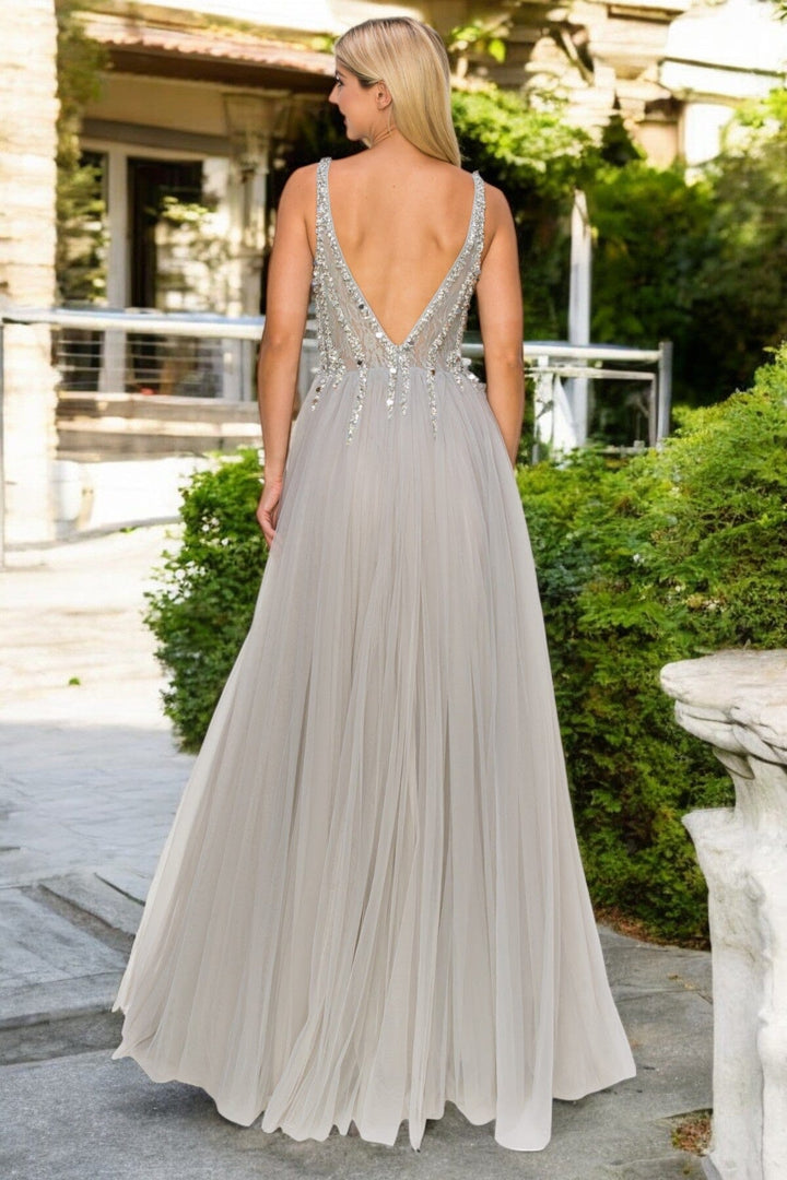 Beaded Long V-Neck Tulle Dress by Cinderella Couture 8034J