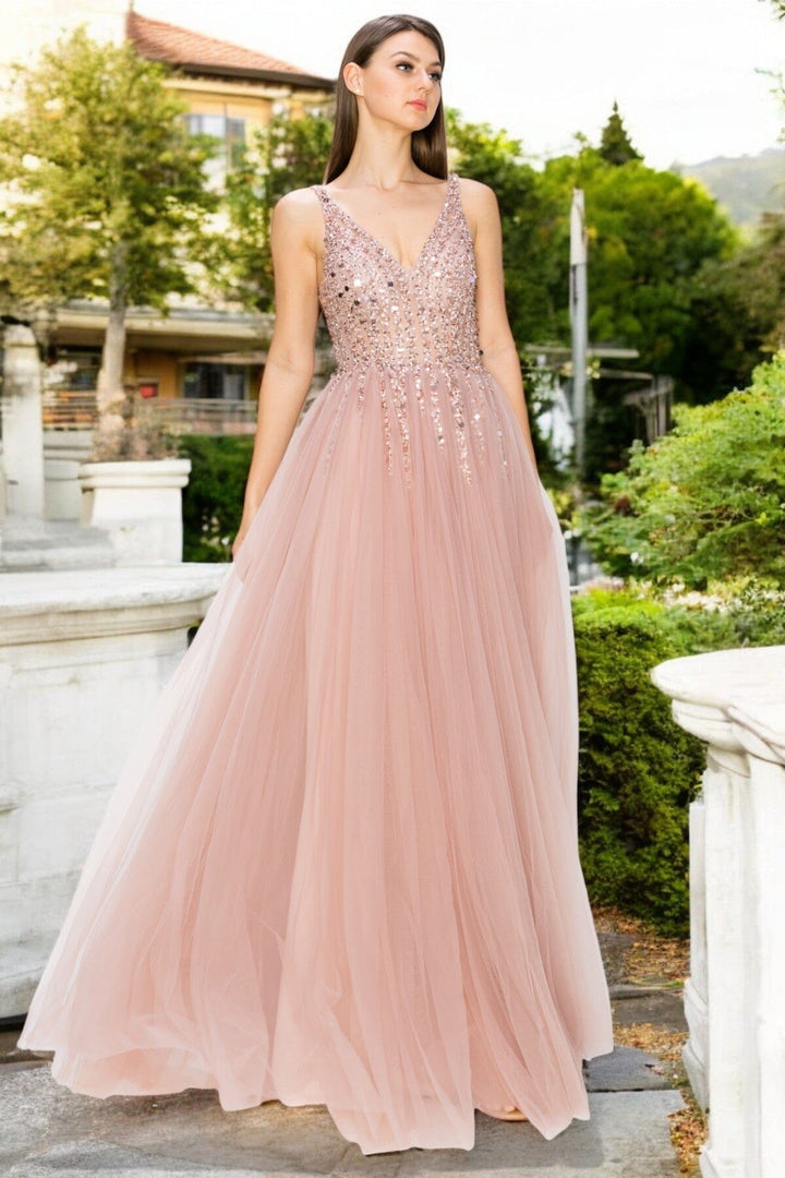 Beaded Long V-Neck Tulle Dress by Cinderella Couture 8034J