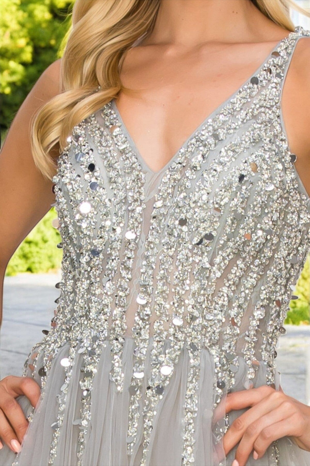 Beaded Long V-Neck Tulle Dress by Cinderella Couture 8034J