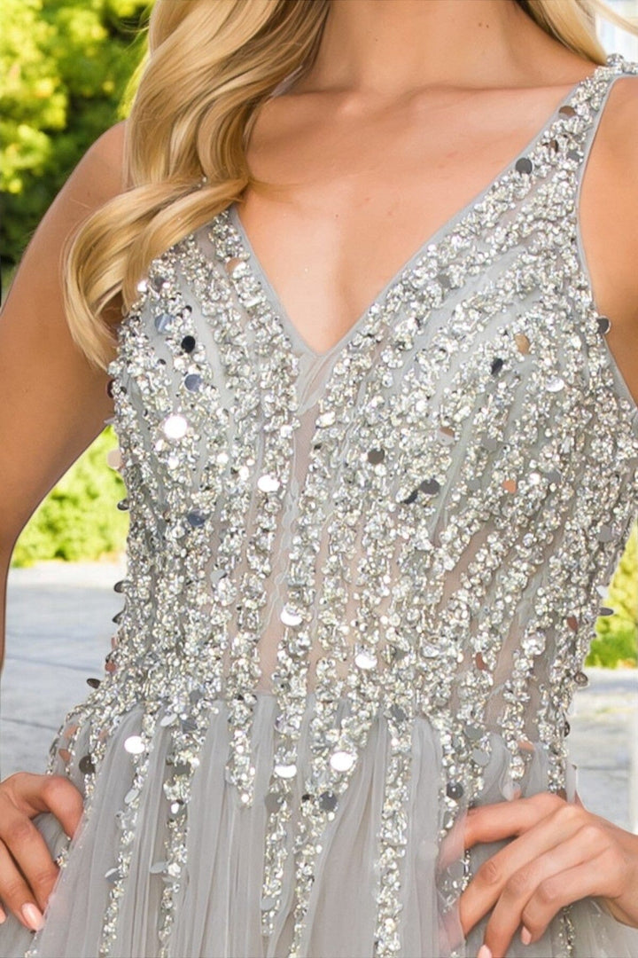 Beaded Long V-Neck Tulle Dress by Cinderella Couture 8034J