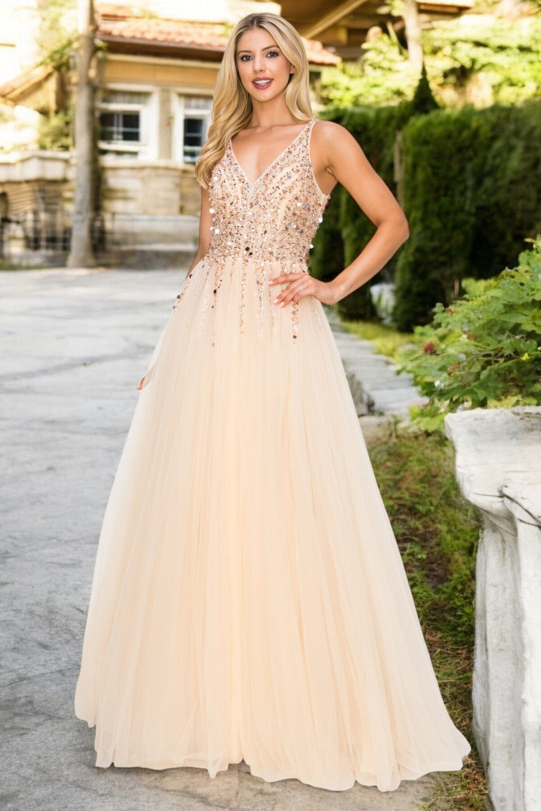 Beaded Long V-Neck Tulle Dress by Cinderella Couture 8034J