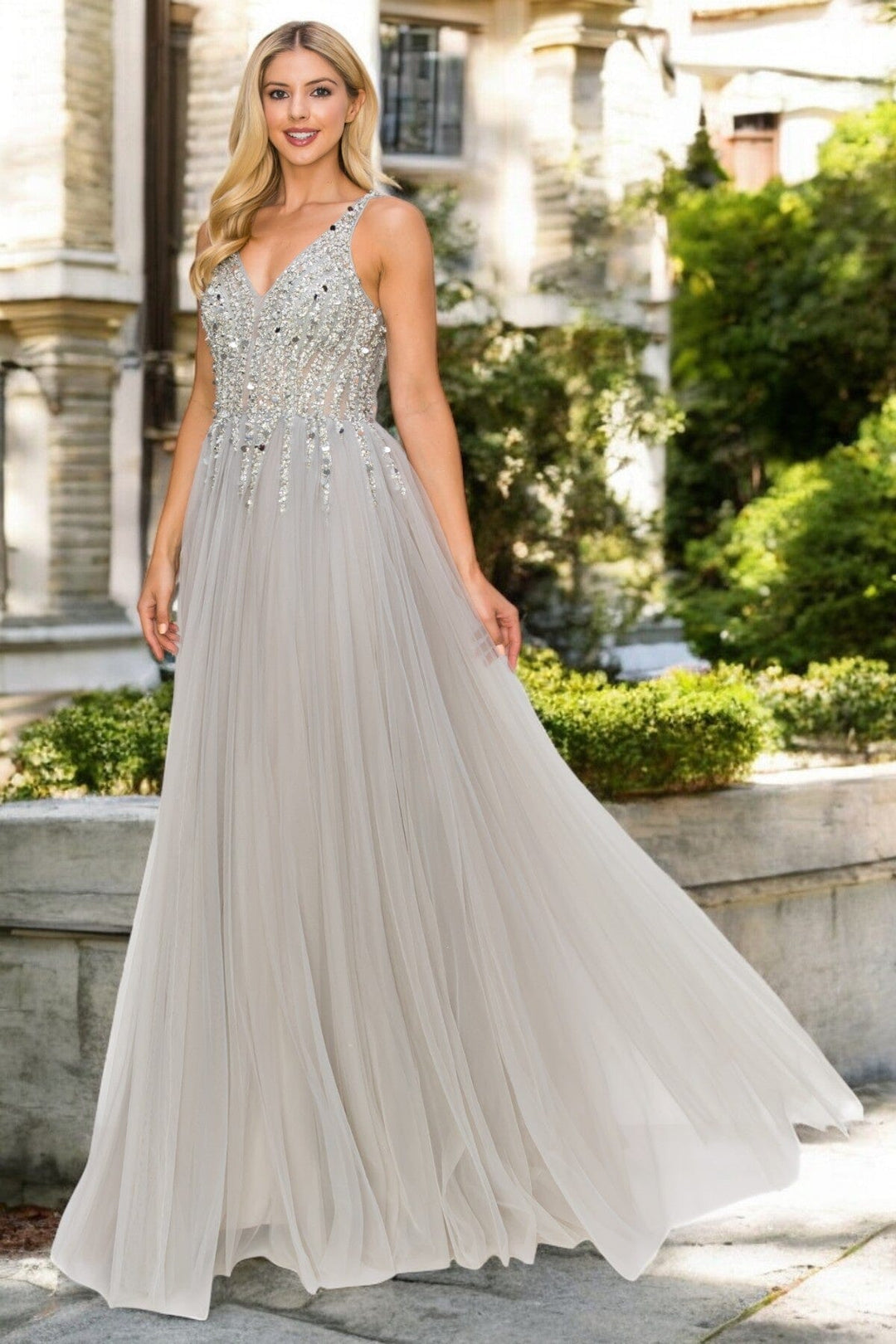 Beaded Long V-Neck Tulle Dress by Cinderella Couture 8034J