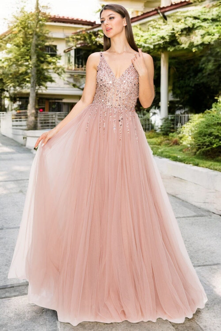 Beaded Long V-Neck Tulle Dress by Cinderella Couture 8034J