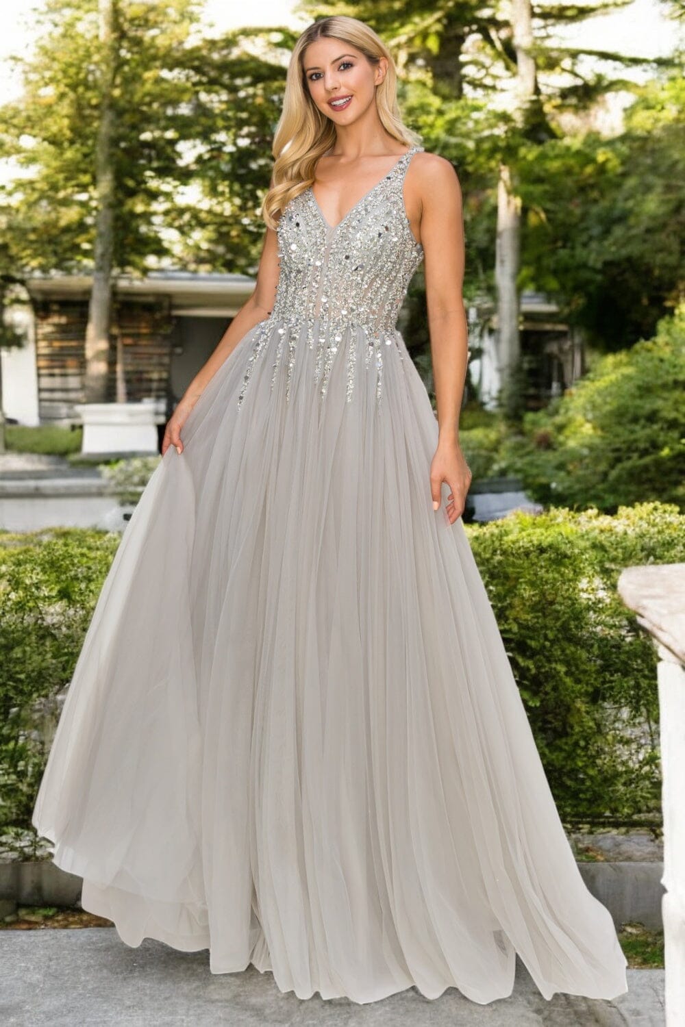 Beaded Long V-Neck Tulle Dress by Cinderella Couture 8034J