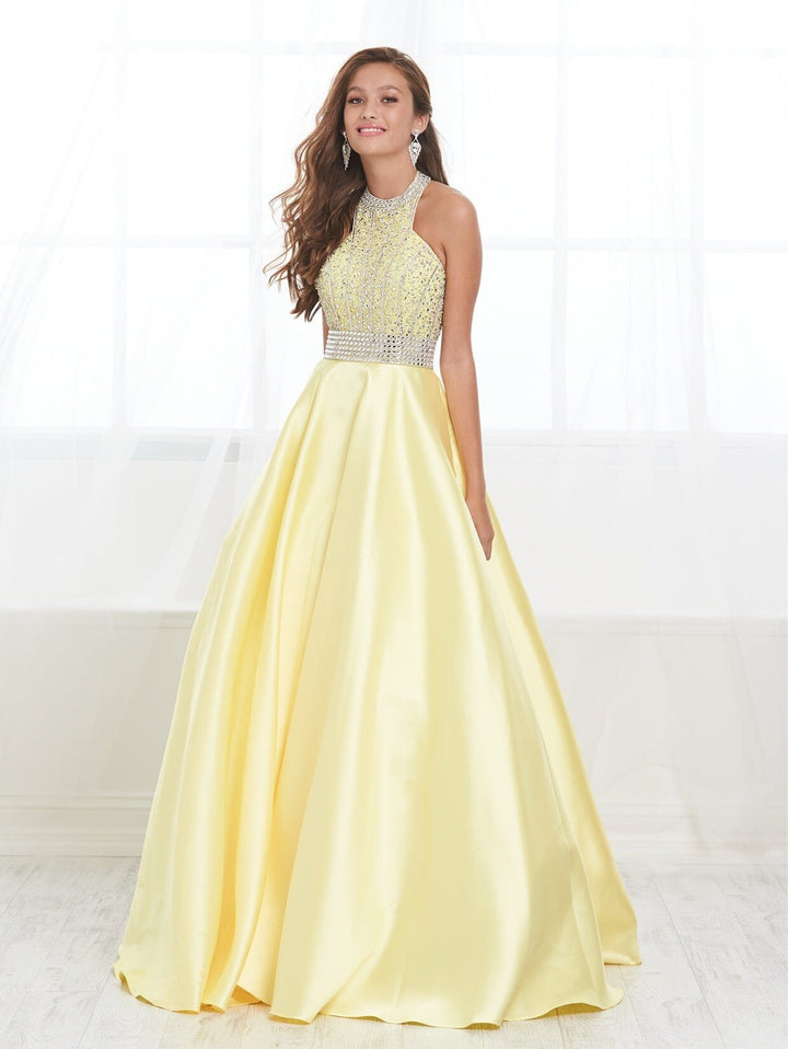 Beaded Mikado Halter A-line Gown by Tiffany Designs 16424
