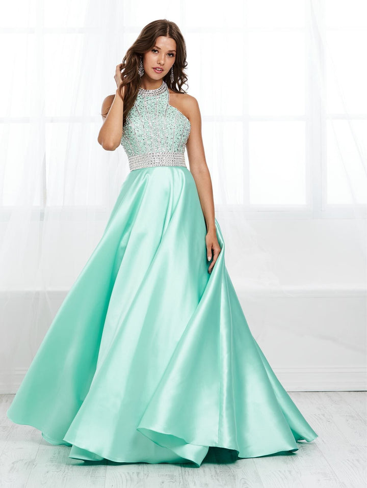Beaded Mikado Halter A-line Gown by Tiffany Designs 16424