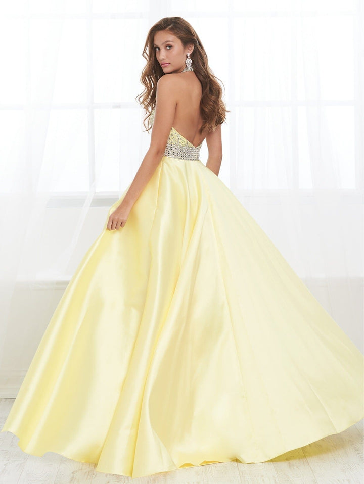 Beaded Mikado Halter A-line Gown by Tiffany Designs 16424