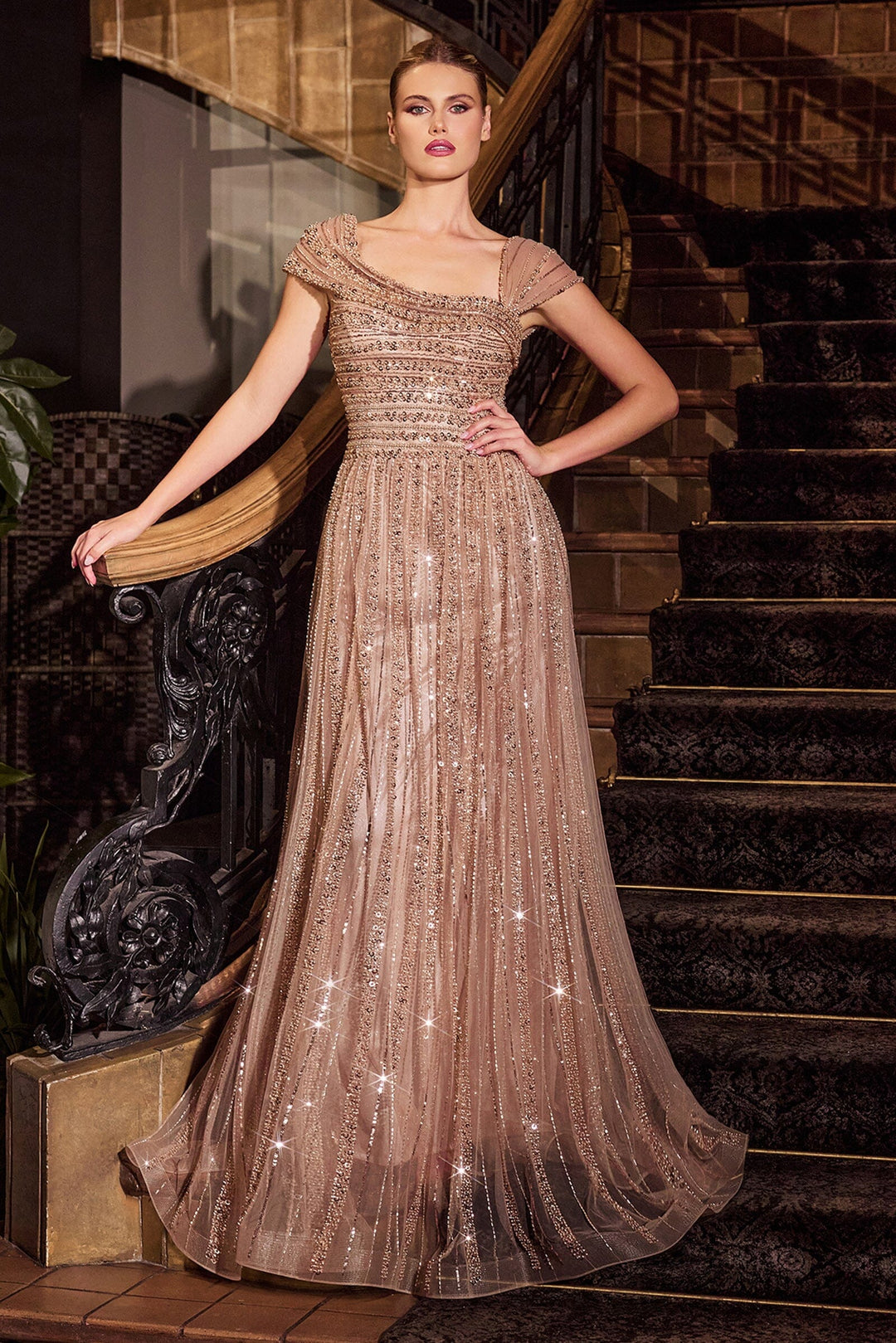 Beaded Off Shoulder A-line Gown by Ladivine CD0238 - Outlet