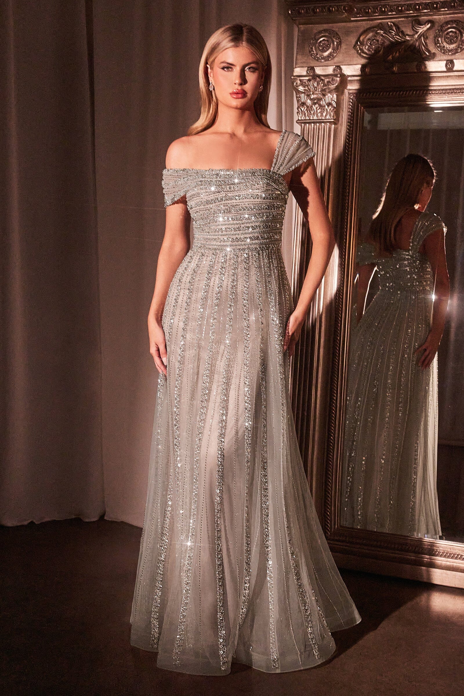 Beaded Off Shoulder A-line Gown by Ladivine CD0238 – ABC Fashion