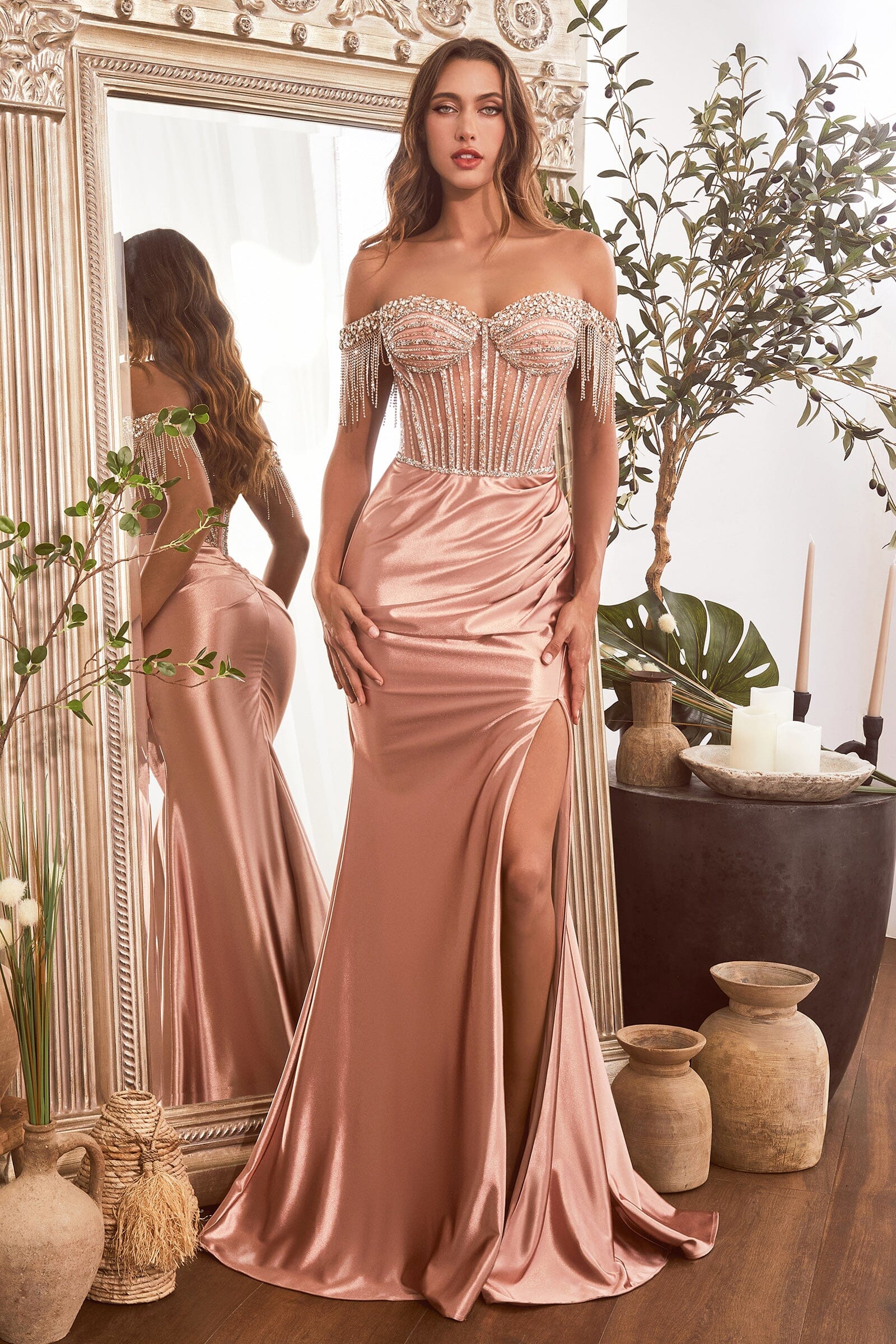 Beaded Off Shoulder Satin Slit Gown by Ladivine CD821 – ABC Fashion