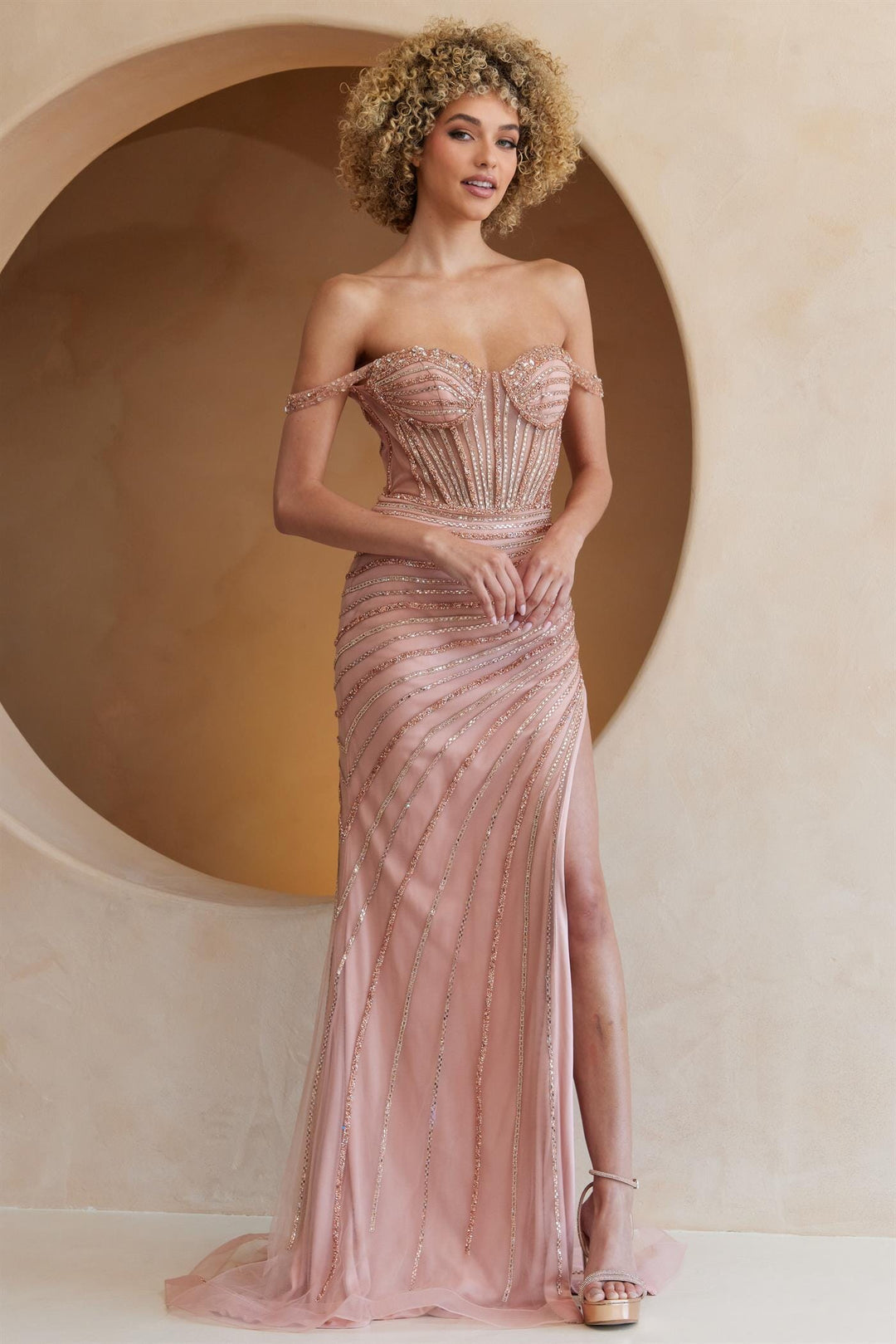 Beaded Off Shoulder Slit Gown by Amelia Couture TM1029 6 / Rose Gold