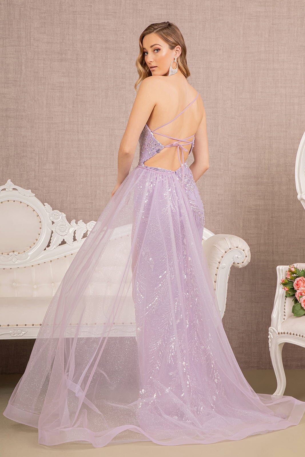 Beaded One Shoulder Sheer Slit Gown by GLS Gloria GL3116 M / Lilac Beaded One Shoulder Sheer Slit Gown by GLS Gloria GL3116 M / Lilac