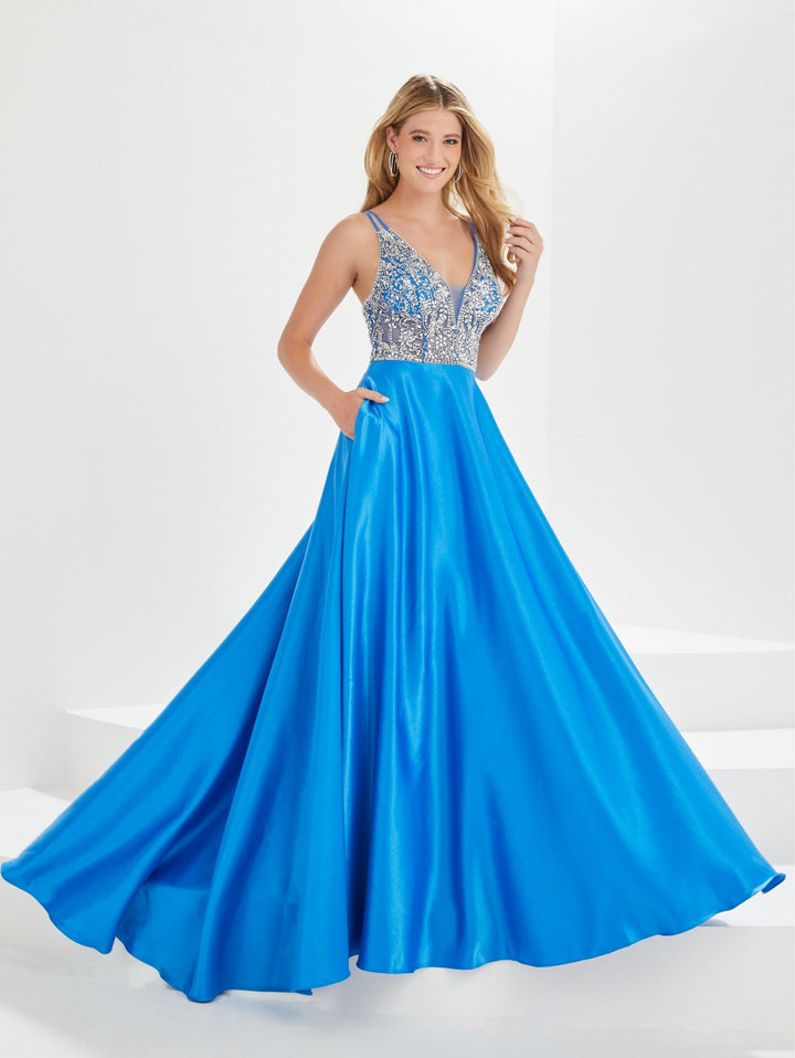 Beaded Satin A-line Pocket Gown by Tiffany Designs 16024