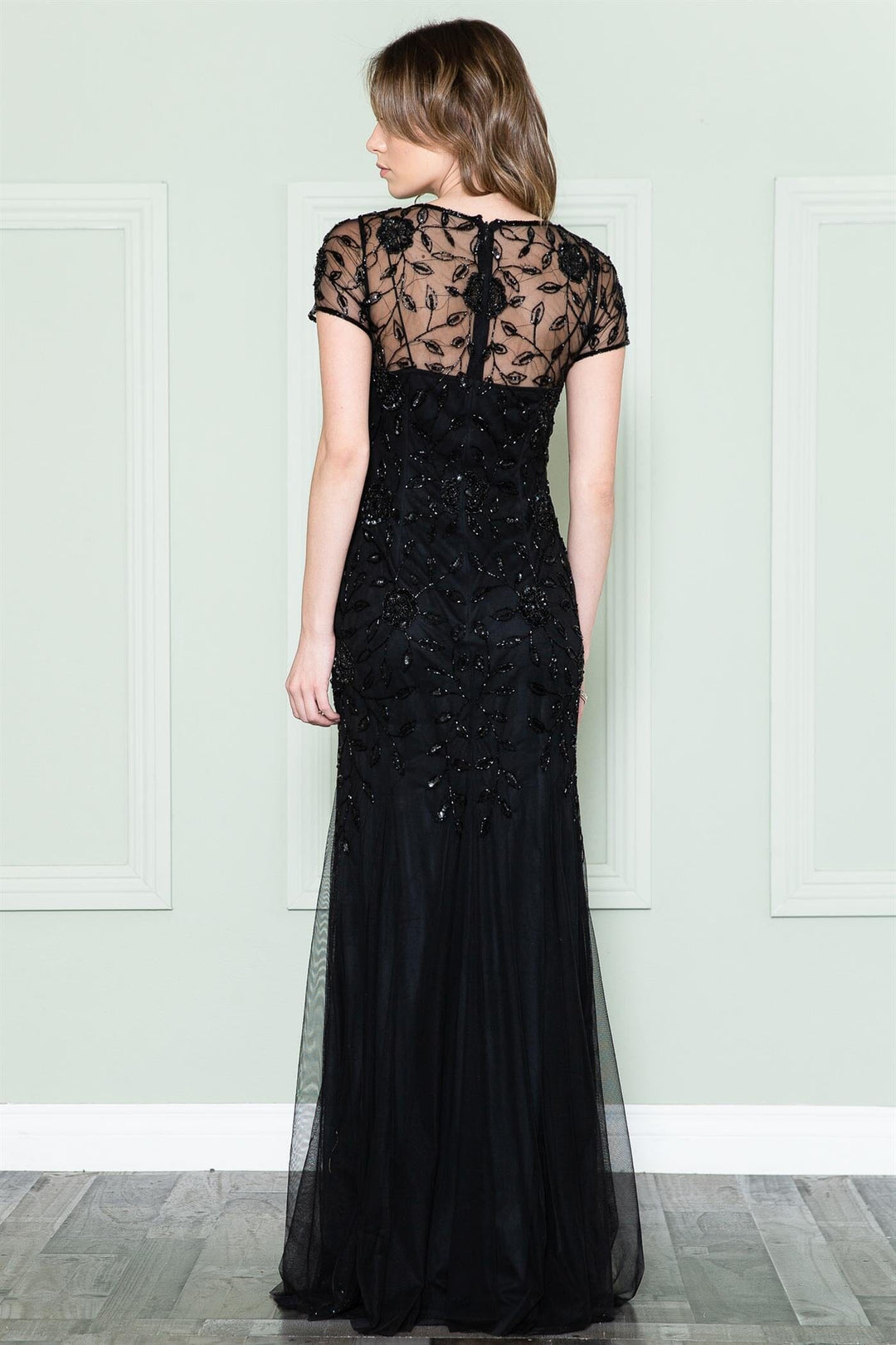 Beaded Short Sleeve Mesh Gown by Amelia Couture IN002