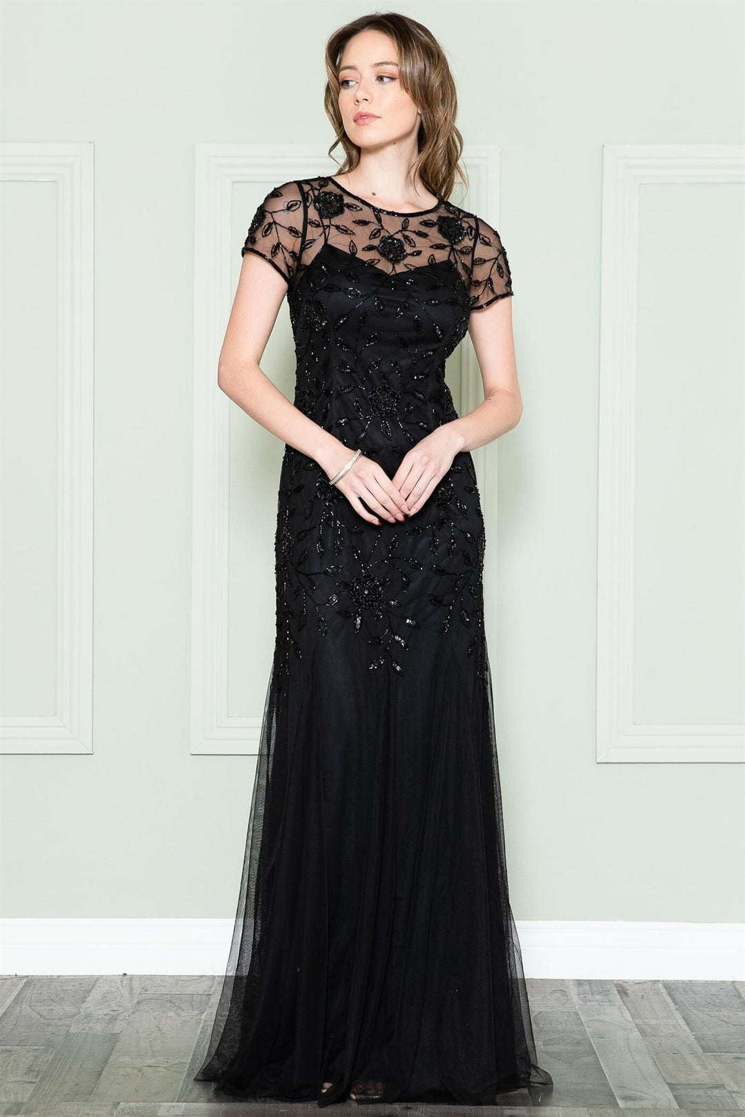 Beaded Short Sleeve Mesh Gown by Amelia Couture IN002