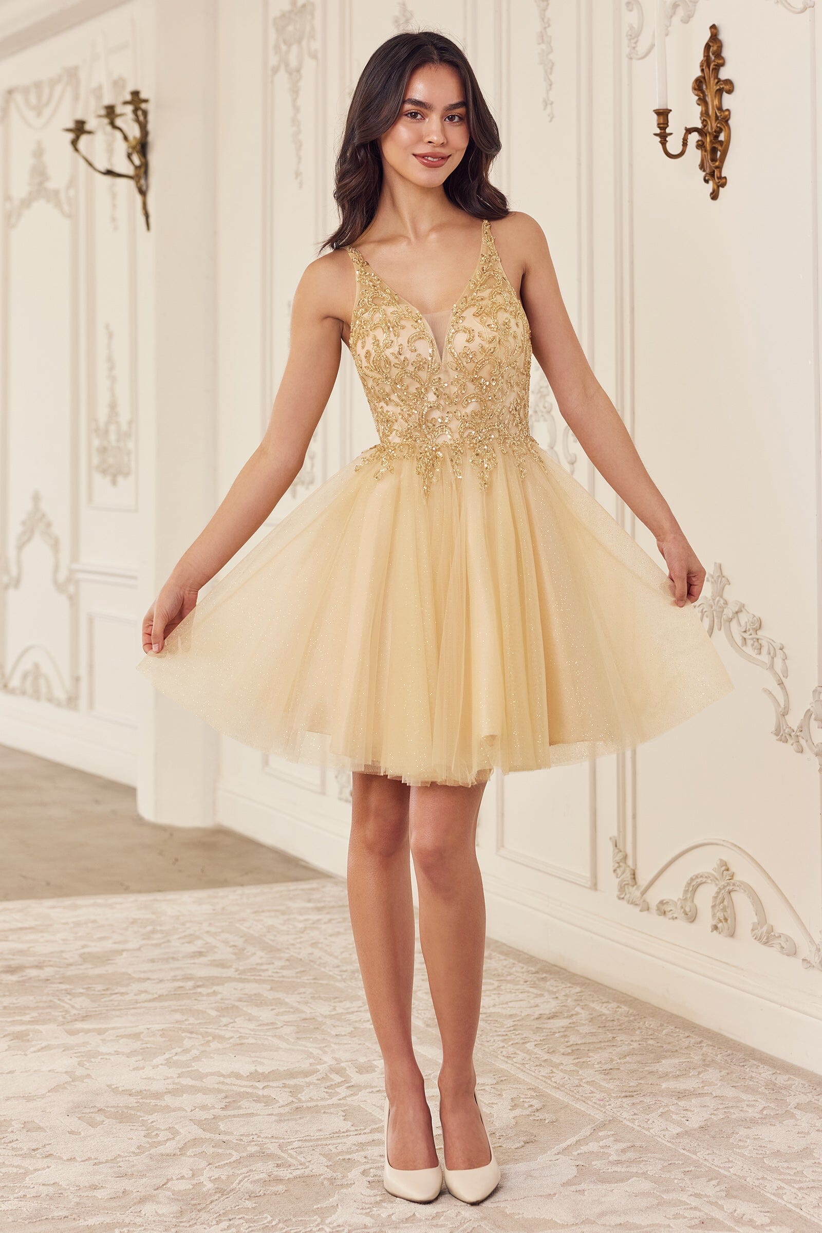 Beaded Short Sleeveless Glitter Tulle Dress by Ladivine