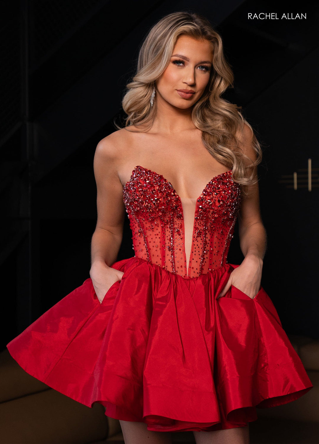 Beaded Short Strapless A-line Dress by Rachel Allan 40420