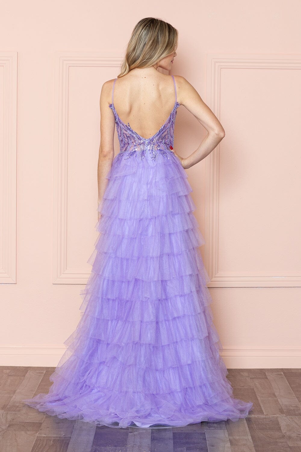 Beaded Sleeveless Tiered Ruffled Slit Gown by Poly USA 9408