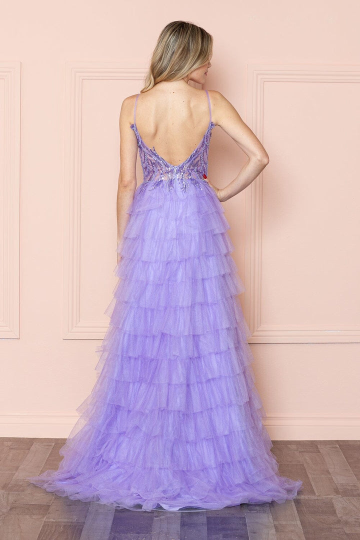 Beaded Sleeveless Tiered Ruffled Slit Gown by Poly USA 9408