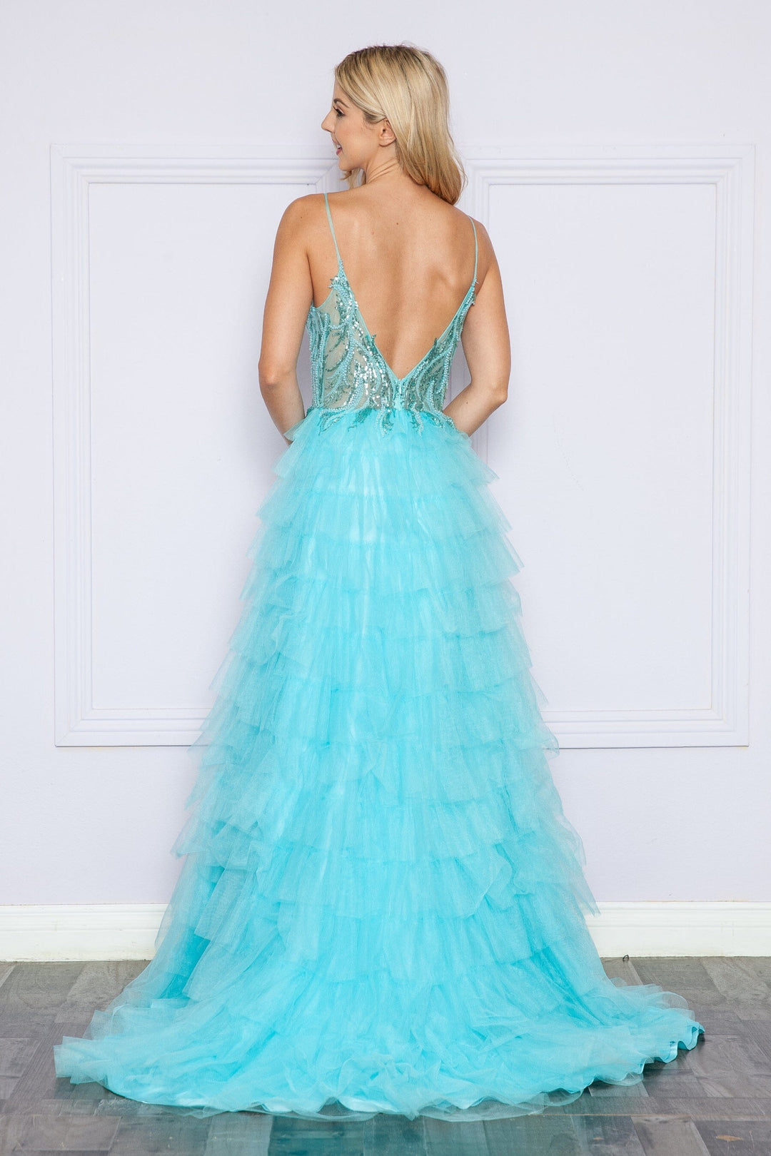 Beaded Sleeveless Tiered Ruffled Slit Gown by Poly USA 9408