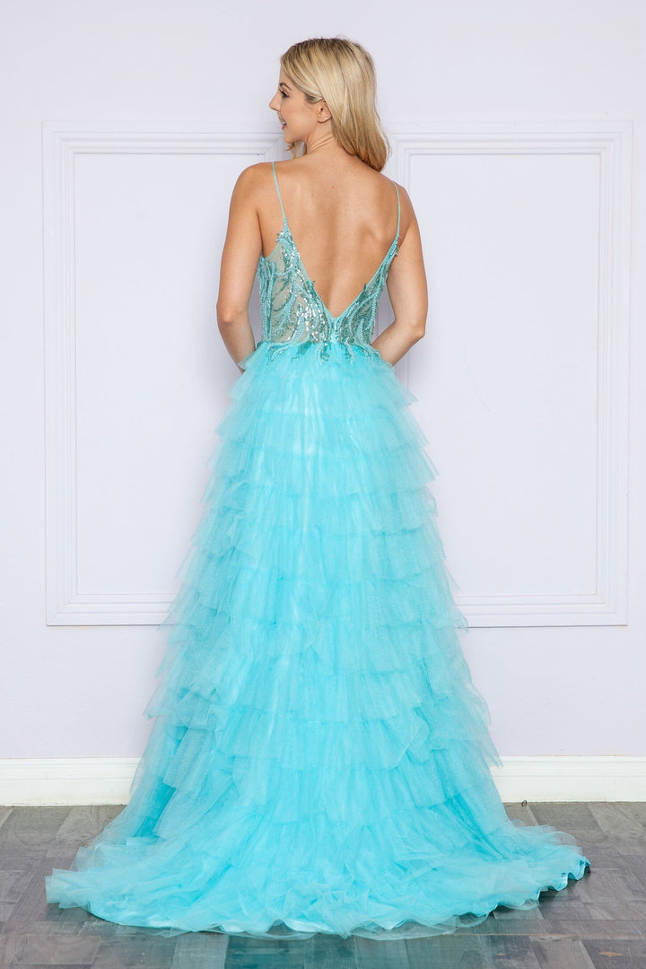 Beaded Sleeveless Tiered Ruffled Slit Gown by Poly USA 9408