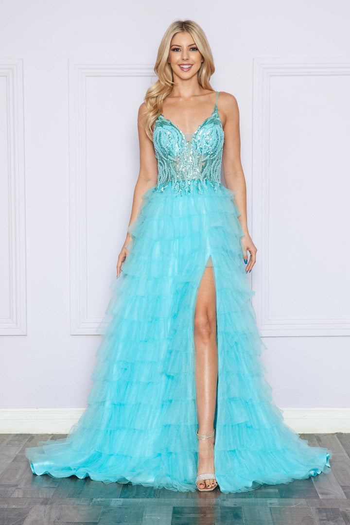 Beaded Sleeveless Tiered Ruffled Slit Gown by Poly USA 9408