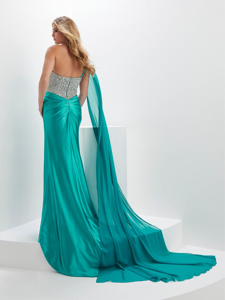 Beaded Spandex One Shoulder Slit Gown by Panoply 14137