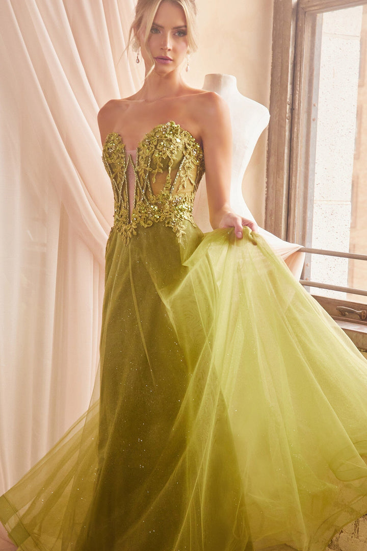Beaded Strapless Puff Sleeve Tulle Gown by Ladivine CD830