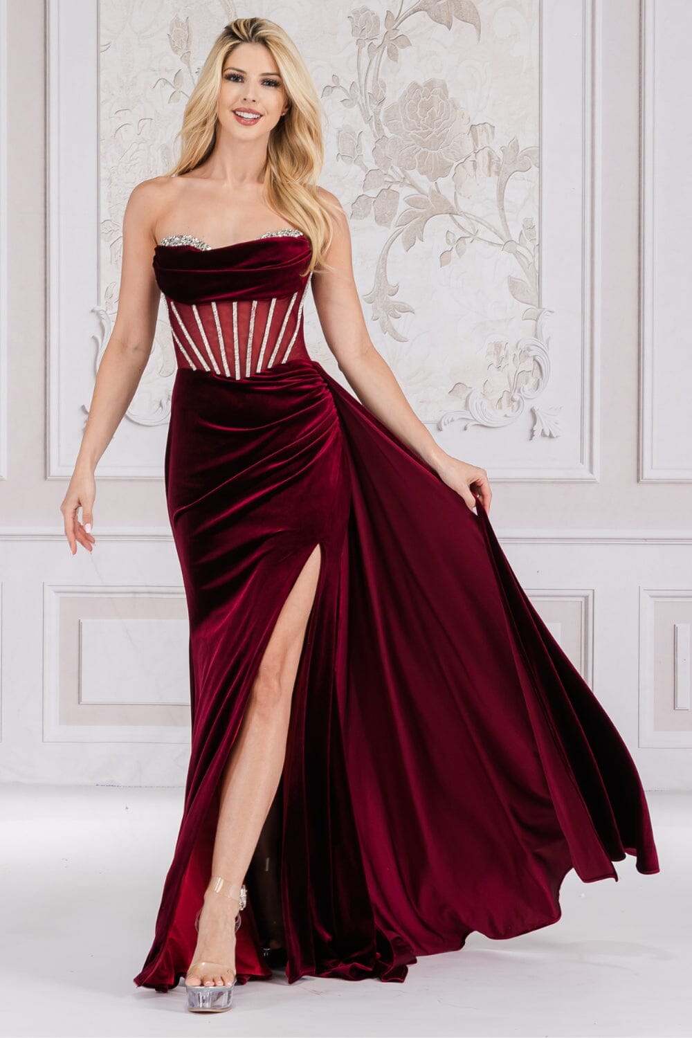 Beaded Strapless Velvet Slit Gown by Amelia Couture 5051