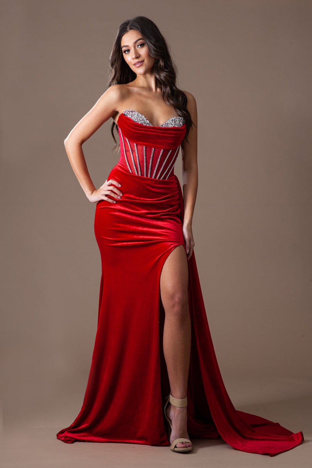 Beaded Strapless Velvet Slit Gown by Amelia Couture 5051