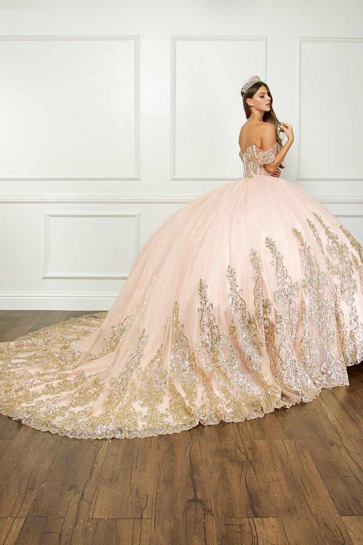 Off Shoulder Long Sleeve Ball Gown by Petite Adele PQ1065