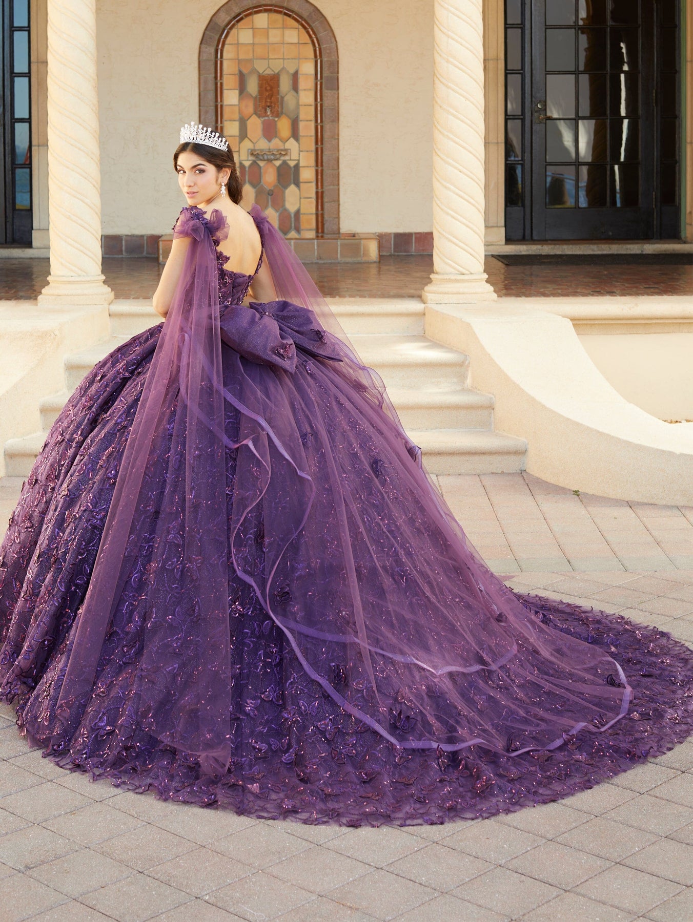 Butterfly Cape Sleeve Quinceanera Dress by House of Wu 26062 00 / Rose