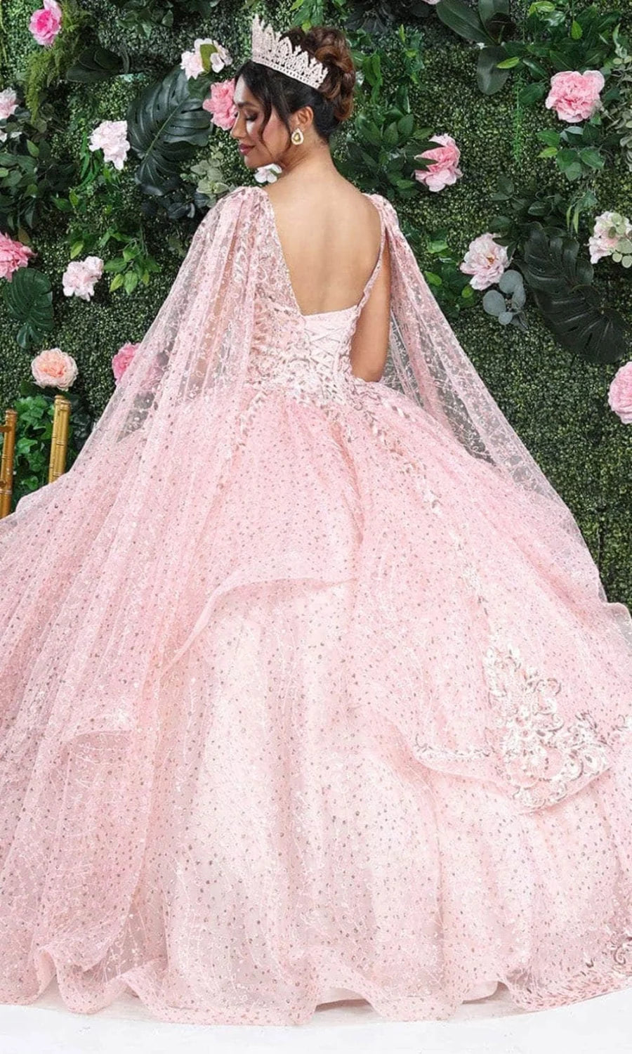 Sleeveless Cape Layered Ball Gown by May Queen LK218