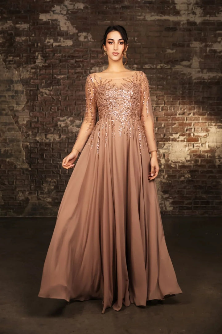 Sequin Long Sleeve A-line Gown by May Queen MQ2161